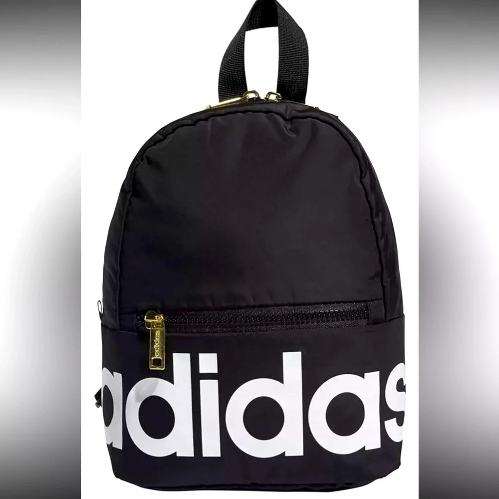 Adidas Mini Backpack Purse Black Gold Linear Logo Travel Bag School Sporty EUC - Picture 1 of 13